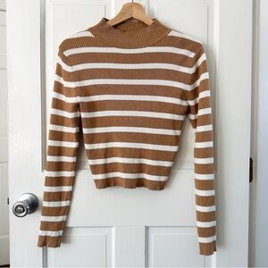 THE SLOPE Brooklyn NY Brown White Striped Cropped Mock Neck Sweater Size L